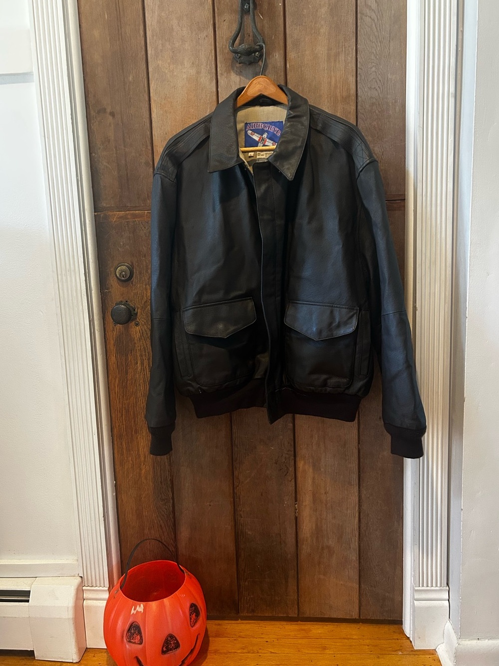 Black Leather Bomber Jacket - Unknown Brand